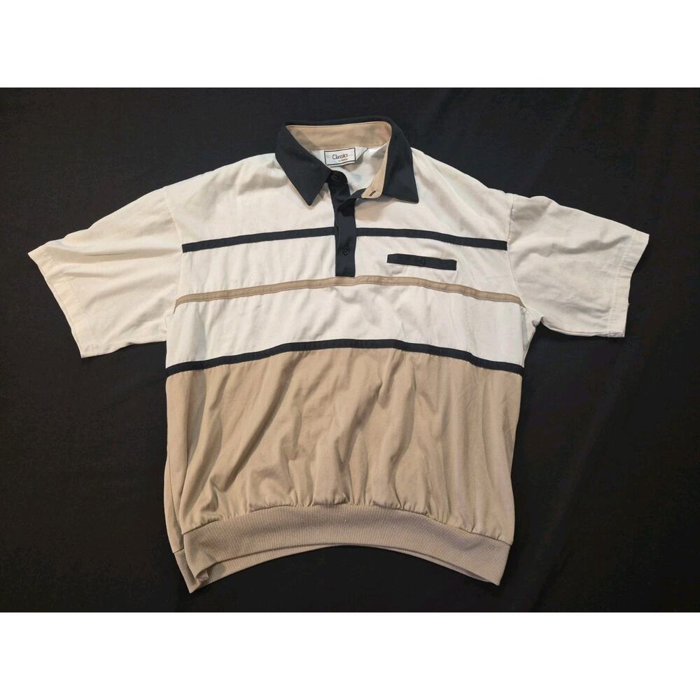 VTG Classics Palmland Polo Shirt Mens XL Navy/ Biege Colorblock Banded Bottom
